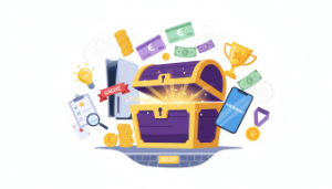 Illustration jeux-concours gratuits : coffre débordant de PS5, cartes-cadeaux, argent, trophée, avec éléments stratégie (ampoule, checklist).