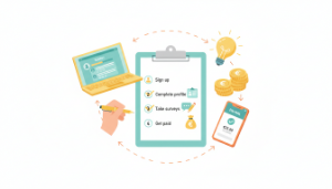 Illustration d'un guide pour sondages payants : carnet avec checklist, étapes numérotées, pièces et appareils électroniques.