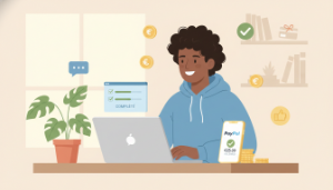 Illustration moderne d'une personne souriante répondant à des sondages rémunérés sur ordinateur, avec des pièces de monnaie et icônes de plateformes.