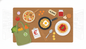 Table de cuisine avec trois plats économiques et sains : soupe de légumes, riz sauté aux œufs et pâtes sauce tomate, illustration flat design.