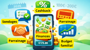 Infographie présentant 6 méthodes pour gagner de l’argent : jeux-concours, sondages, parrainage, cashback, économies et finances.