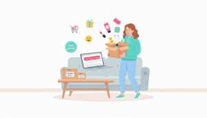 Illustration d'une personne recevant des échantillons gratuits dans un colis ouvert, produits et cadeaux flottants, style moderne.