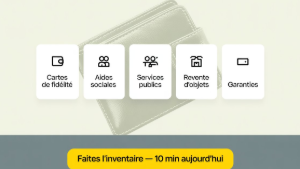 Le Portefeuille Invisible. Cinq catégories de valeur oubliée (fidélité, aides, services, objets, garanties) présentées en cartes. Bandeau avec appel à l'inventaire.